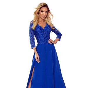 Numoco Elegantní dlouhé šaty s krajkovým výstřihem AMBER - modré Velikost: XXL, Modrá