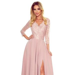 Numoco Elegantní dlouhé šaty s krajkovým výstřihem AMBER - pudrově růžové Velikost: S, Růžová