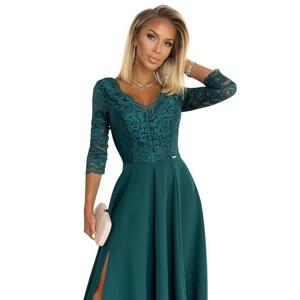 Numoco Elegantní dlouhé šaty s krajkovým výstřihem AMBER - zelené Velikost: S, Zelená