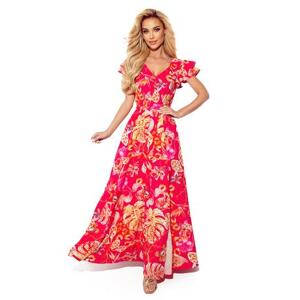 Numoco Dlouhé šaty s výstřihem a volánky LIDIA - růžové Velikost: XL, Růžová