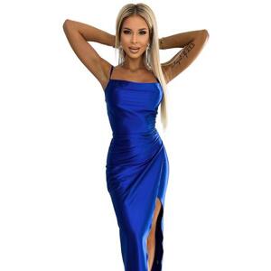 Numoco Dlouhé saténové šaty s rozparkem DIANE - chrpově modrá Velikost: XL
